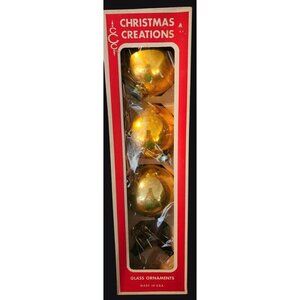 Large Vintage Christmas Creations Gold Glass Ornaments Set Of 3 Made In USA